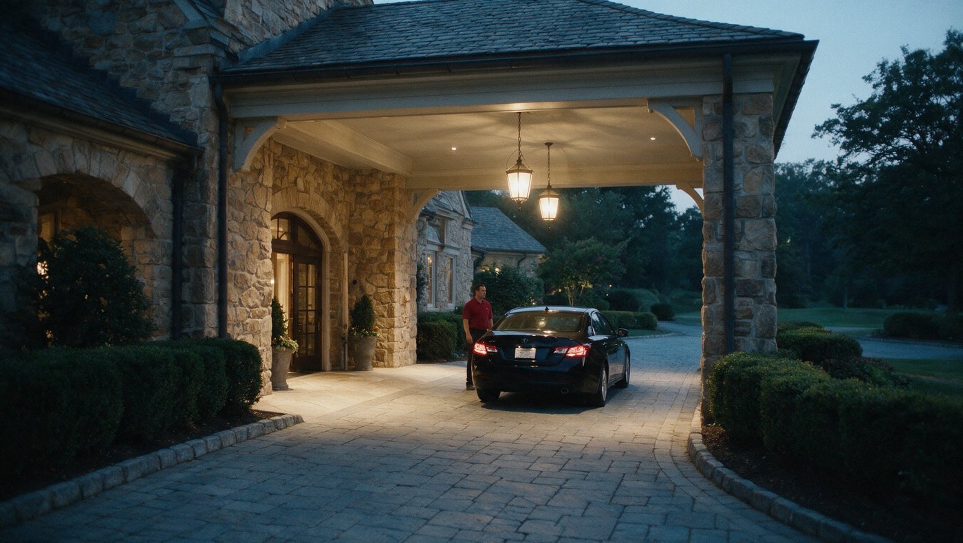 A stone country club porte cochere at evening with a black sedan and valet