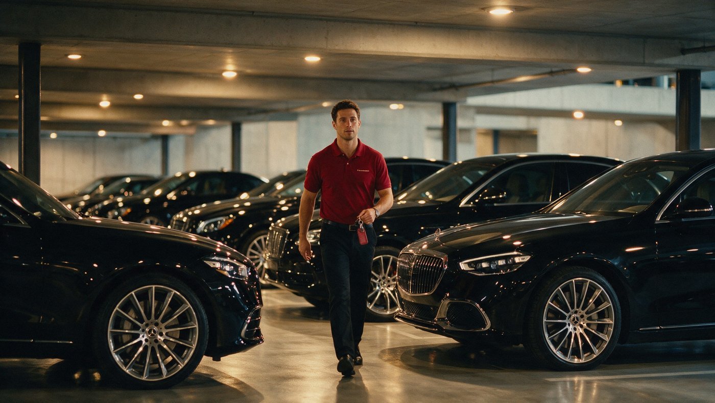 A valet in a crimson polo walking through a parking structure of black cars