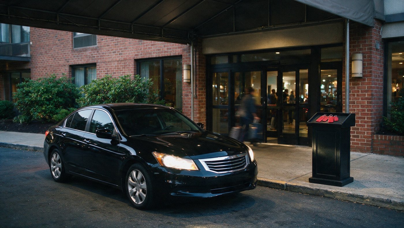 A hotel entrance at evening with a doorman podium and a black sedan at the curb