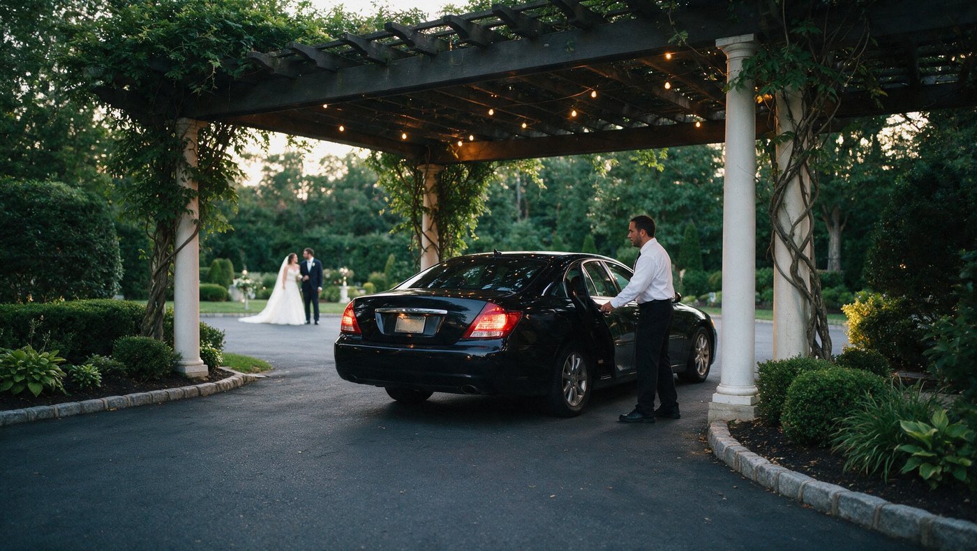 An evening wedding venue with a valet holding the door of a black sedan