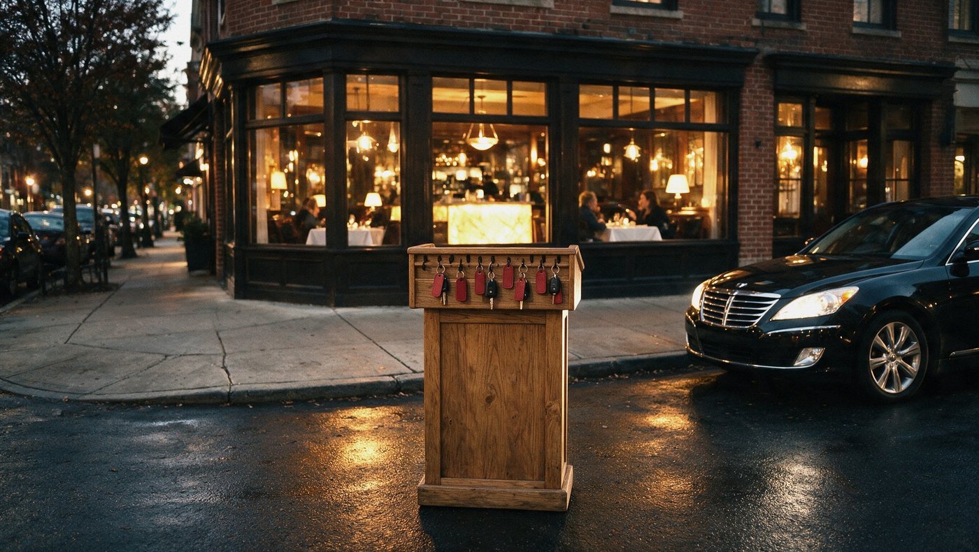 A valet podium with red leather key tags outside an upscale restaurant at evening