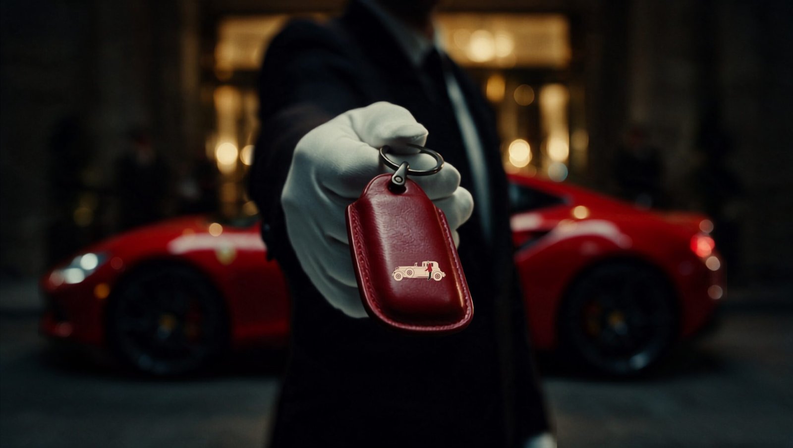 White glove offering car keys with a red leather Atlantic tag stamped with the vintage car mark