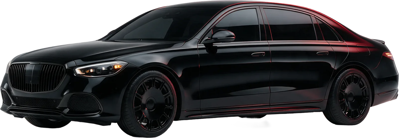 Black luxury sedan with crimson studio lighting