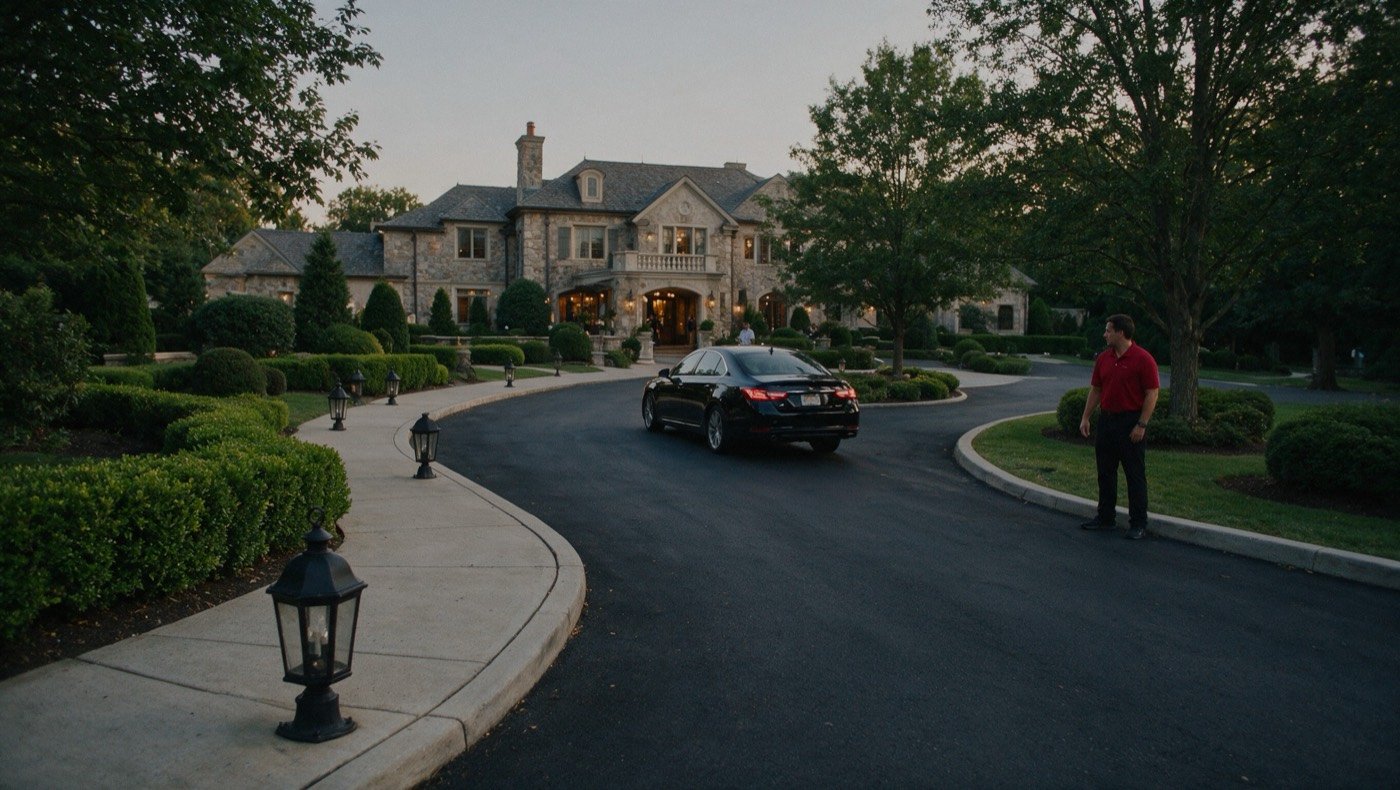 Valet parking in Monmouth County, a black car arriving at an evening venue entrance