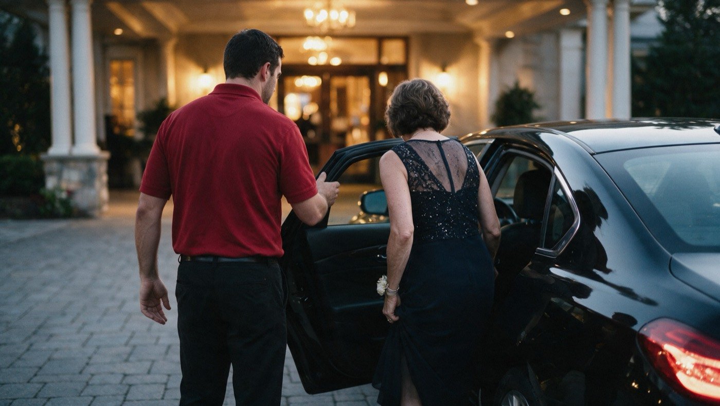 An Atlantic Parking valet opening the car door for arriving guests at a New Jersey venue