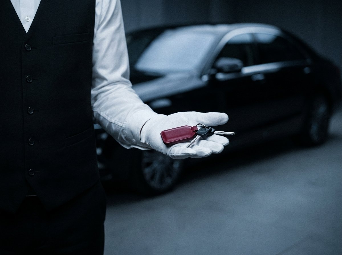 An Atlantic Parking valet in white gloves returning keys to a guest
