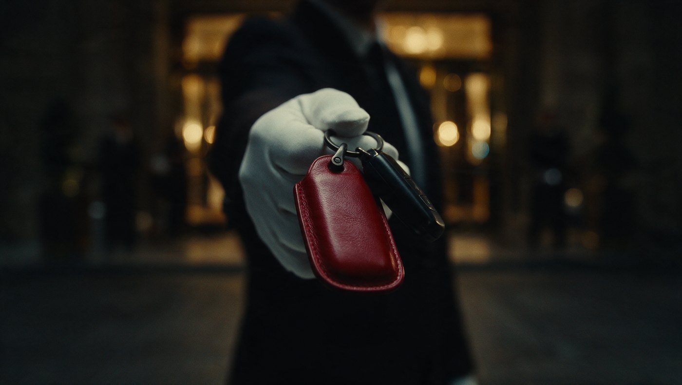 A white gloved Atlantic Parking valet holding a red leather key tag