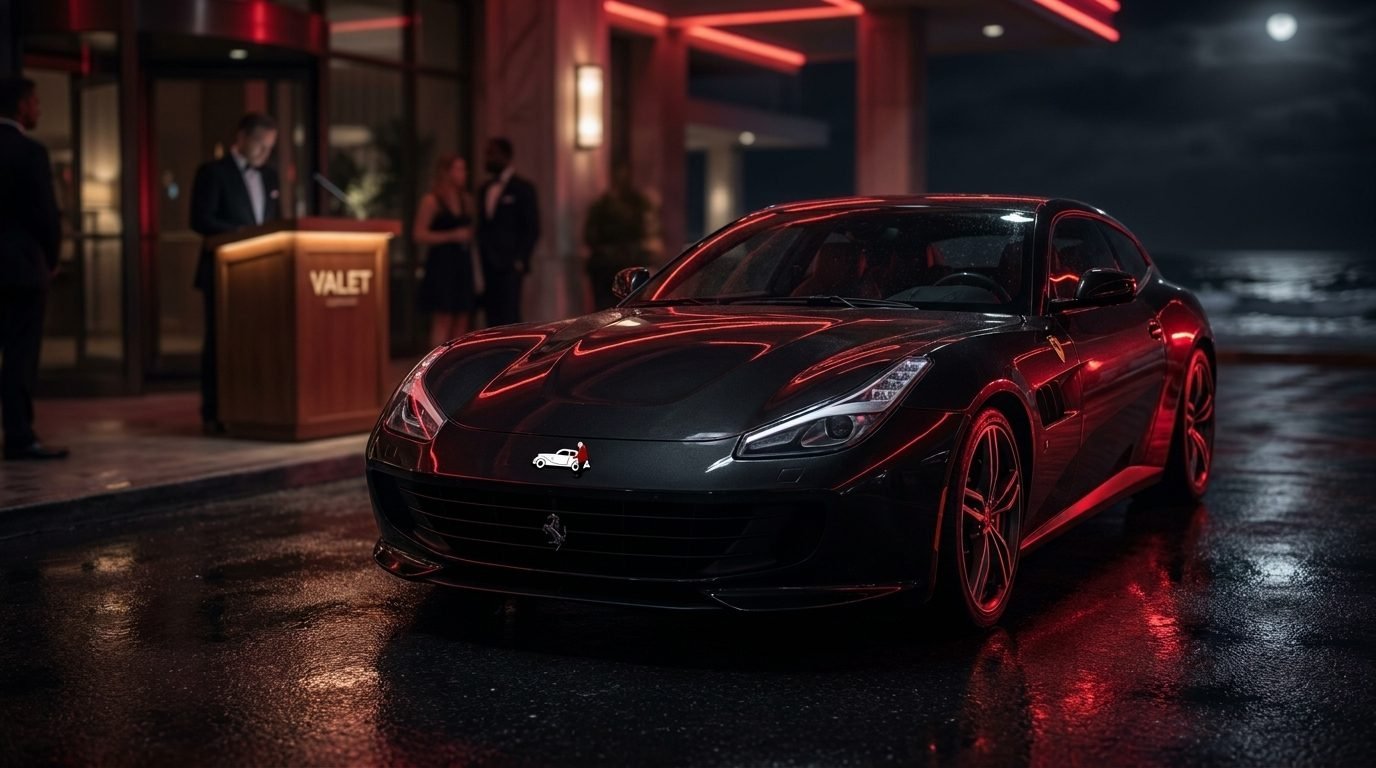 Valet parking in Middlesex County, a black luxury car arriving at a venue entrance
